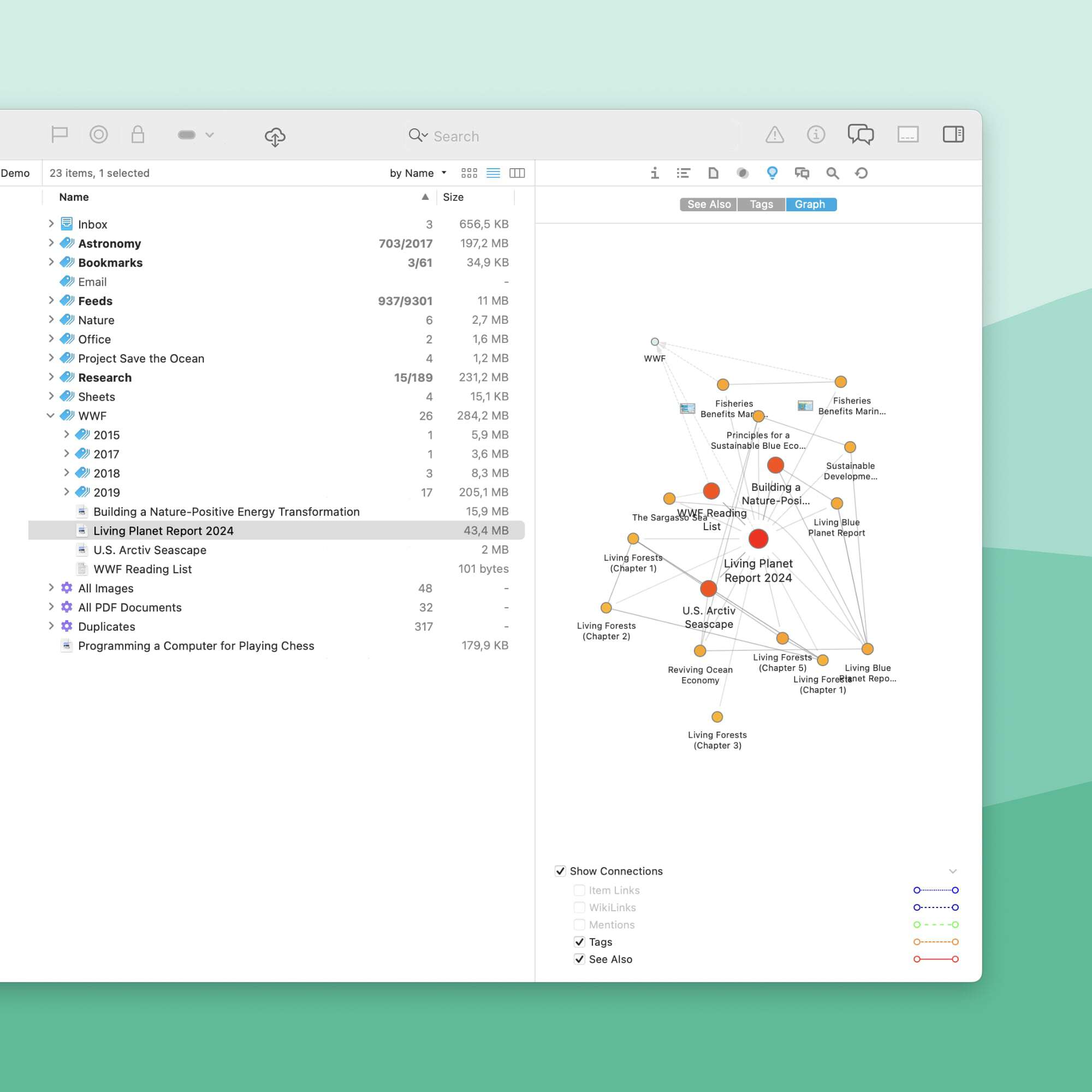 Screenshot of DEVONthink's graph showing connections between documents.