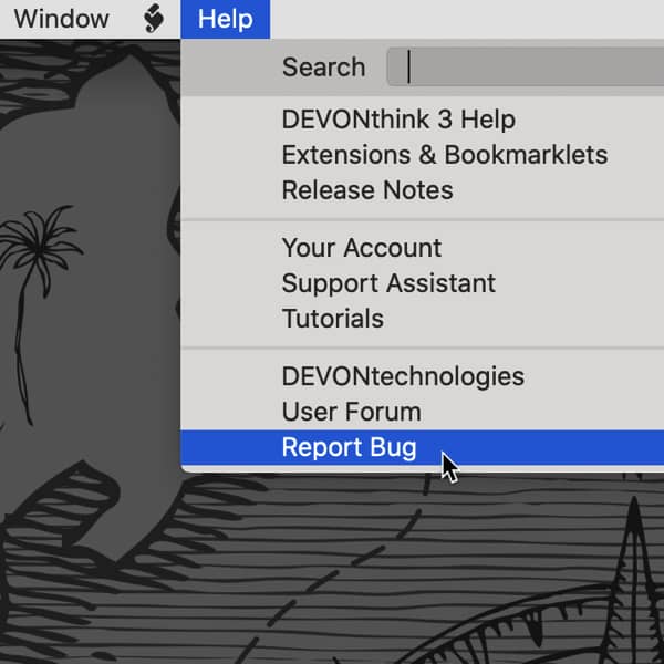Screenshot showing the DEVONthink Help menu