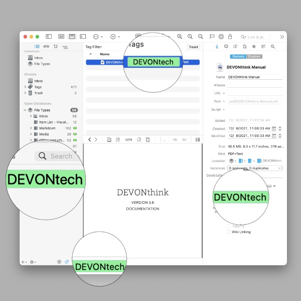 Colored tags in DEVONthink's user interface.