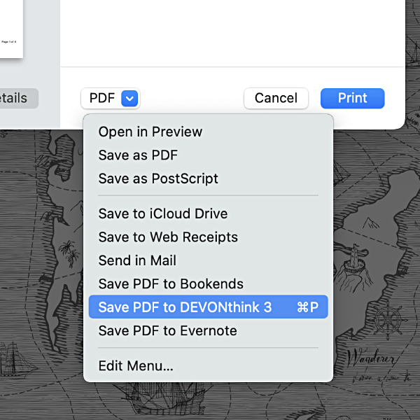 Screenshot showing the PDF dropdown menu in the print dialog.