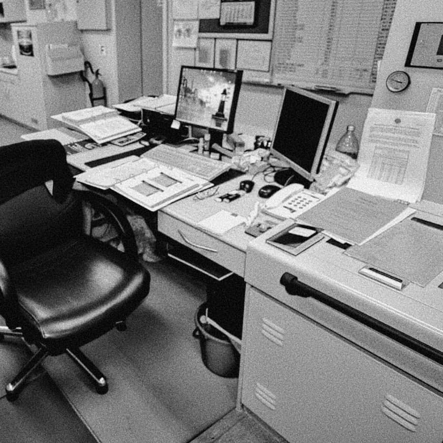 Black and white photograph of a control room in which a desk with computers and paper documents can be seen.