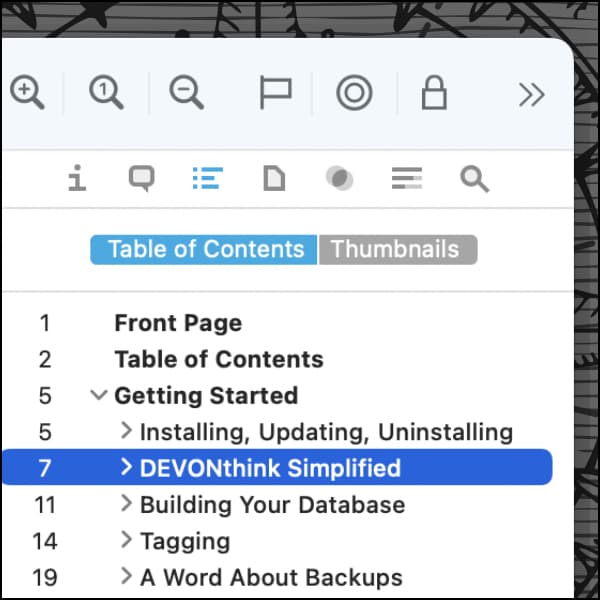 Screenshot showing the Table of Contents inspector in DEVONthink.