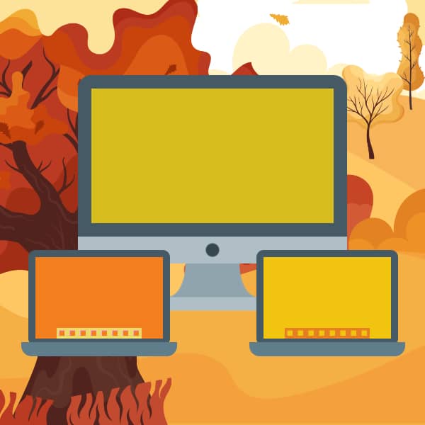 Illustration, die einen iMac und zwei MacBooks vor einem herbstlichen Hintergrund zeigt.