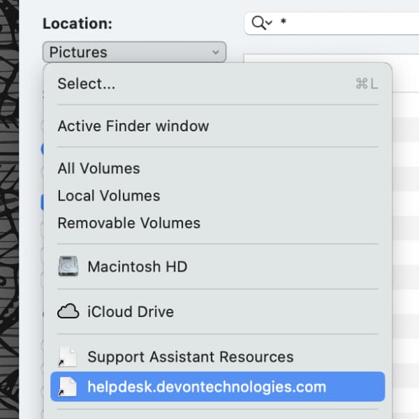 Screenshot showing the Locations drop-down menu in EasyFind.