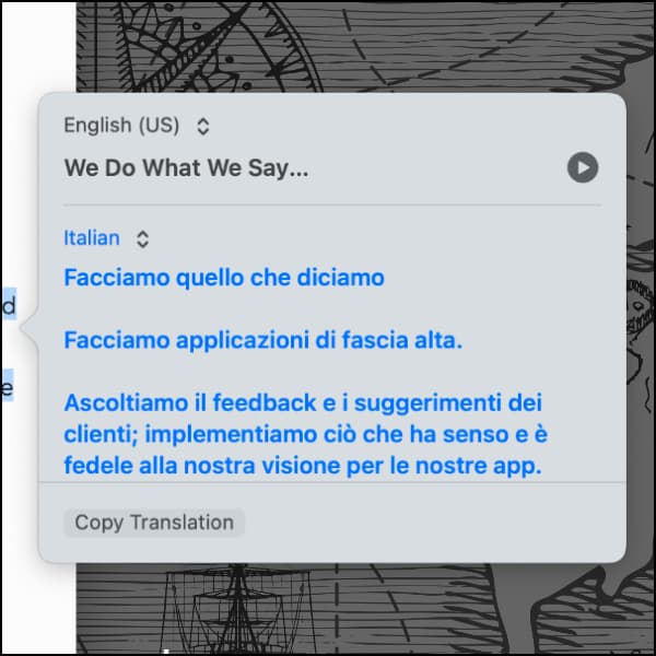 Screenshot showing the translation popover-menu with translated text.
