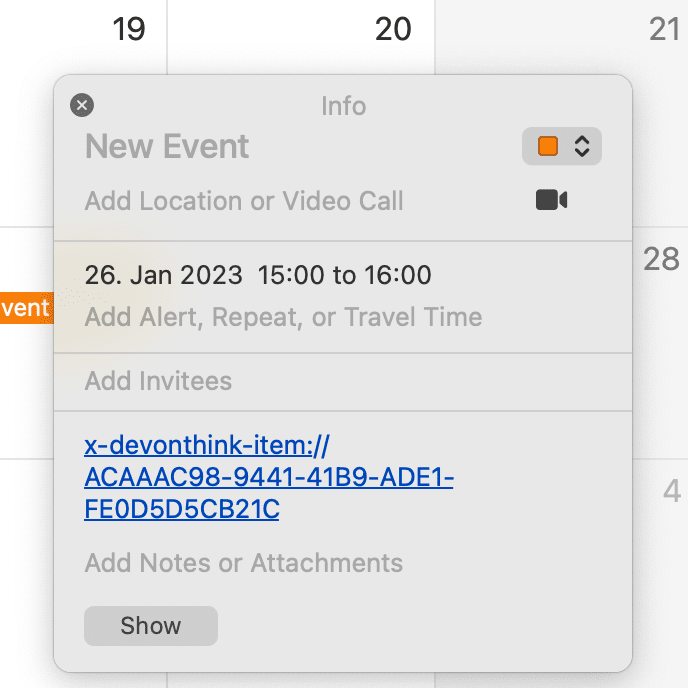 Bildschirmfoto, auf dem ein Verweis auf ein Objekt in DEVONthink zu sehen ist, der in einem Termin in Apples Kalender hinterlegt ist.