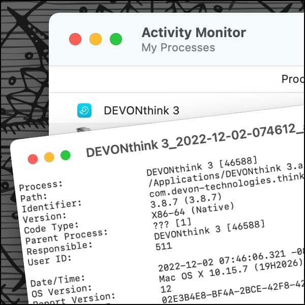 Screenshot showing a crash report and the activity monitor.