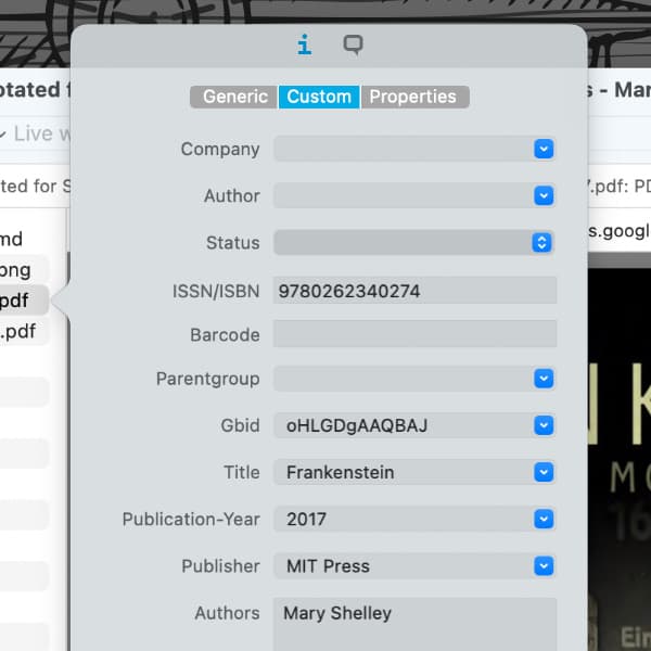 Bildschirmfoto, auf dem benutzerdefinierte Metadaten eines Dokuments in DEVONthink zu sehen sind, die von Google Books importiert wurden.