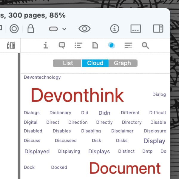 Screenshot showing the concordance inspector with a word cloud in DEVONthink.