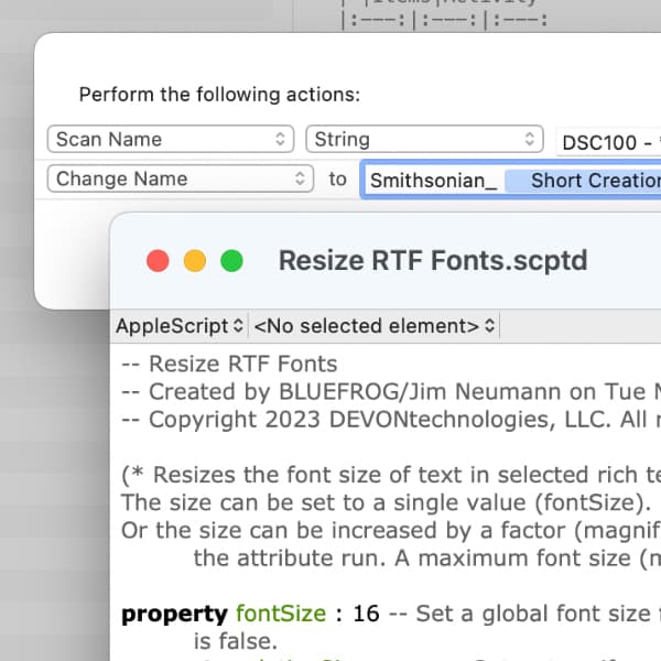 Screenshot showing batch processing and script code in DEVONthink.