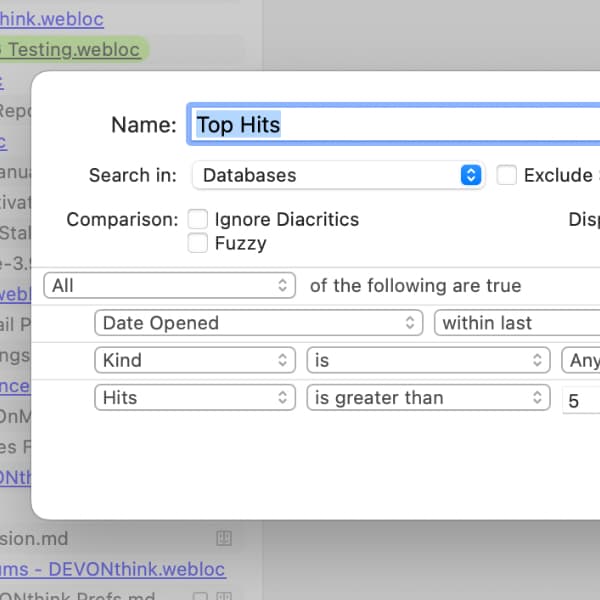Screenshot showing DEVONthink's smart group criteria editor.