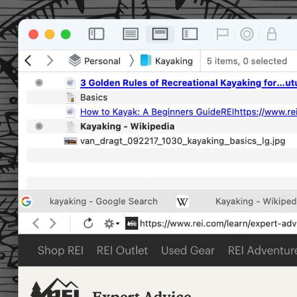 Bildschirmfoto, auf dem ein DEVONthink-Fenster mit geöffnetem Google-Tab zu sehen ist.