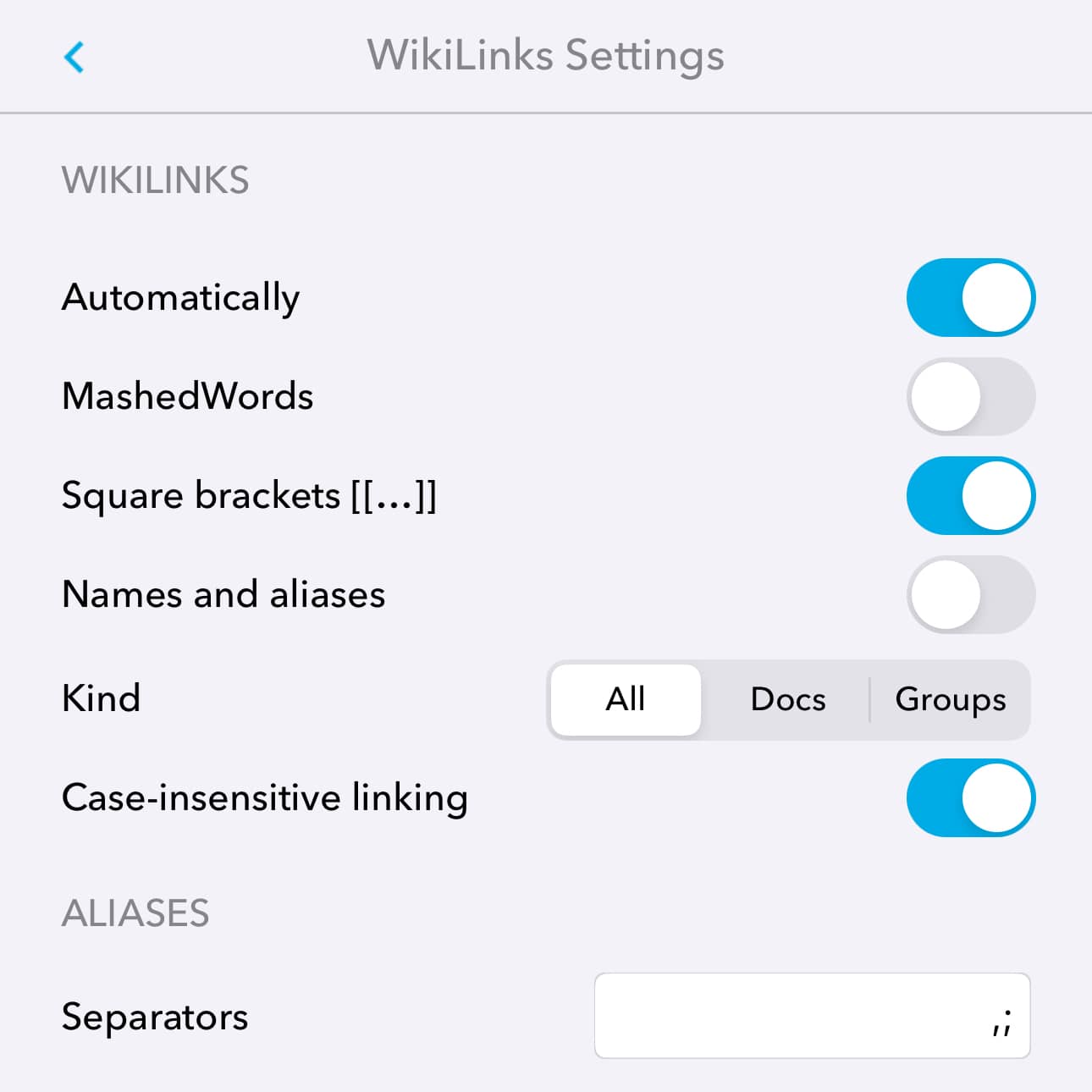 Screenshot of DEVONthink To Go's WikiLinks settings.