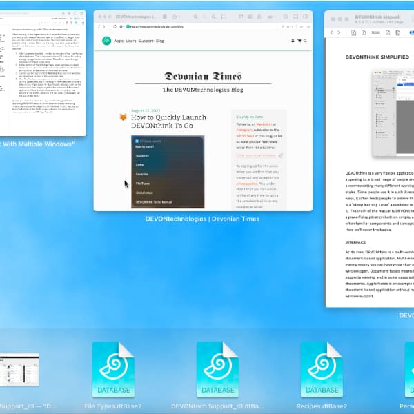 Bildschirmfoto, welches App Exposé mit gerade geöffneten DEVONthink-Fenstern zeigt.