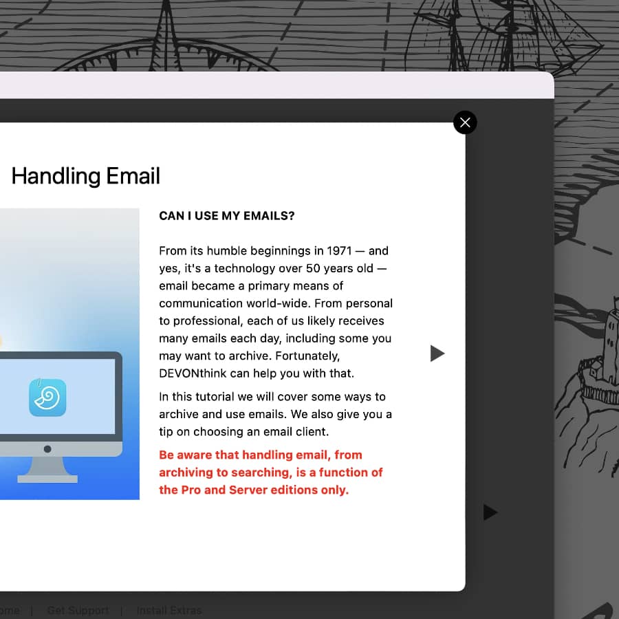 Ein Bildschirmfoto, welches den Support-Assistenten von DEVONthink mit dem Tutorial Handling Email zeigt.