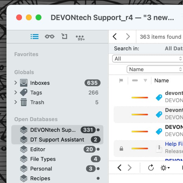 Screenshot showing a targeted search in two selected databases in DEVONthink.