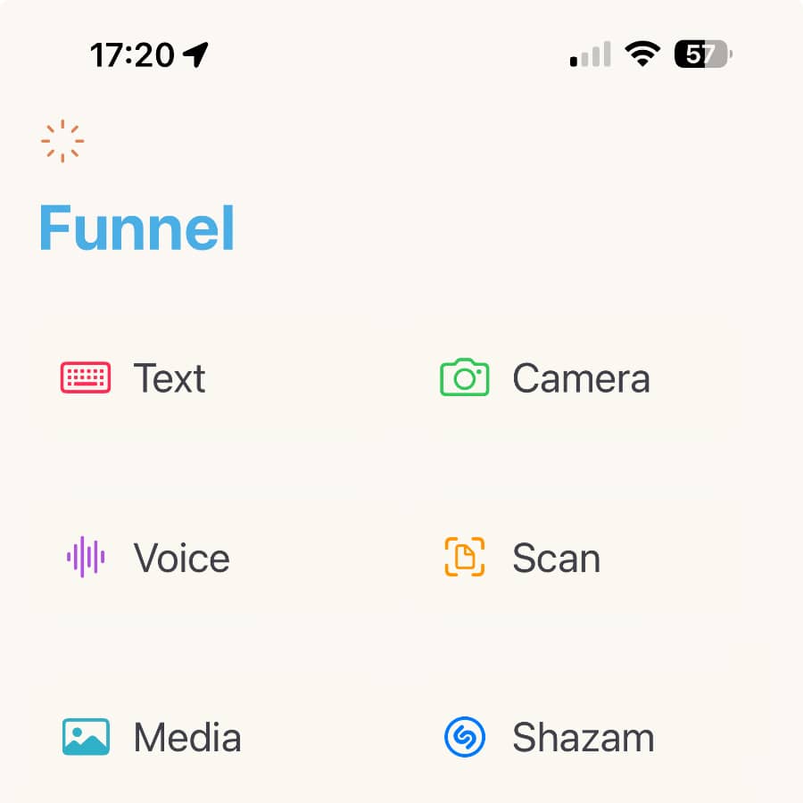 Bildschirm der App Funnel: Quick Capture mit einer Auswahl von Optionen.