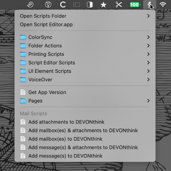 Bildschirmfoto, auf dem das globale Skripte-Menü mit Skripten für DEVONthink in Apple Mail zu sehen ist.