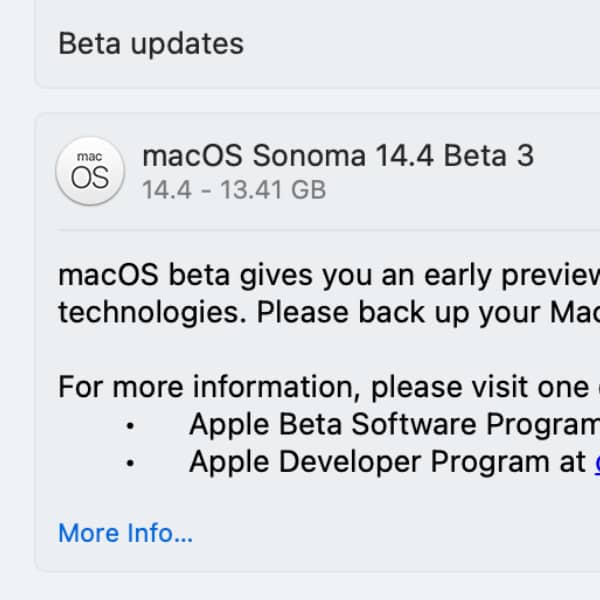 Screenshot showing a beta notification in macOS' system settings.
