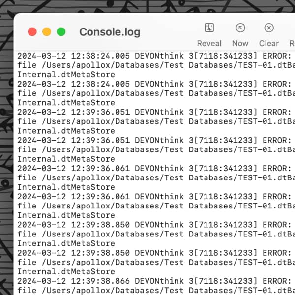 Bildschirmfoto, auf dem die Console.log-Datei mit einigen gespeicherten Fehlermeldungen zu sehen ist.