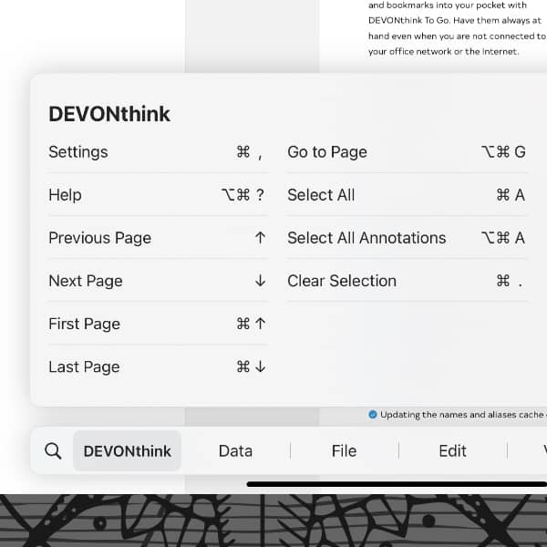 Screenshot showing the popup with the overview of the keyboard shortcuts in DEVONthink To Go.