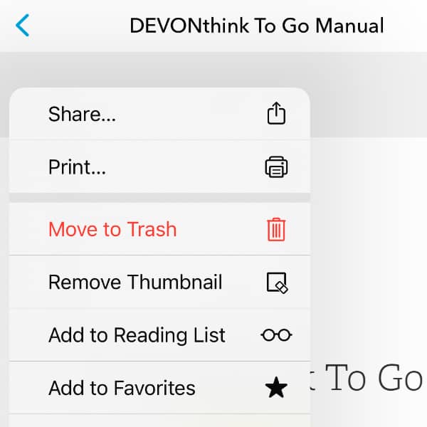 Screenshot showing DEVONthink To Go with an Action menu open, including the print command.