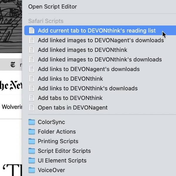 Screenshot showing the Safari-related commands that DEVONthink inserts into the global Scripts menu.