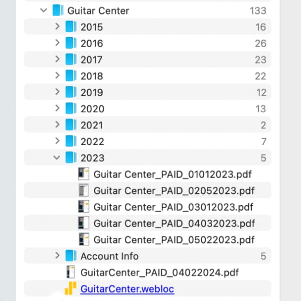 Screenshot showing a group in DEVONthink with several subgroups, containing financial records and a web location.