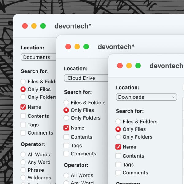 Screenshot showing multiple EasyFind windows open with searches in different locations.