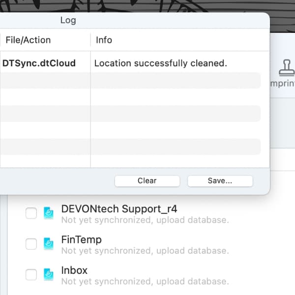 Screenshot showing a log window in DEVONthink, reporting a successful cleaning of a sync location.