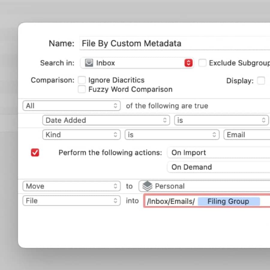 Screenshot showing the editor for a smart rule in DEVONthink. In the smart rule, a placeholder for custom metadata is used for a file action, as described in the tip.