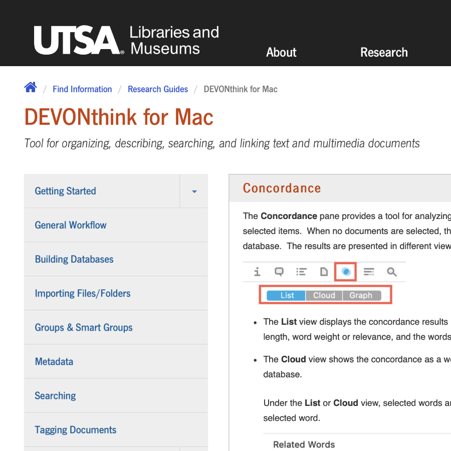 Screenshot of the website of the University of Texas at San Antonio, showing a section from the Research Guide for DEVONthink referred to in the post.