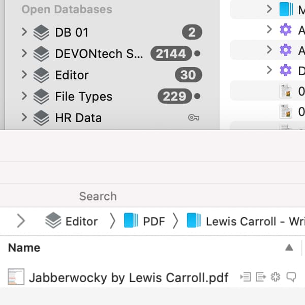 Screenshot showing two DEVONthink windows displaying several items with property icons.