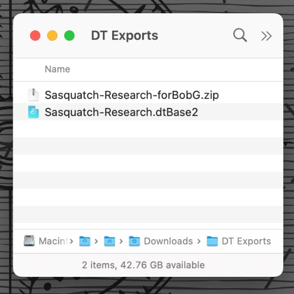 Screenshot showing a folder in a Finder window containing two files. One is a database file and the other is this database, but as an exported database archive in ZIP format.