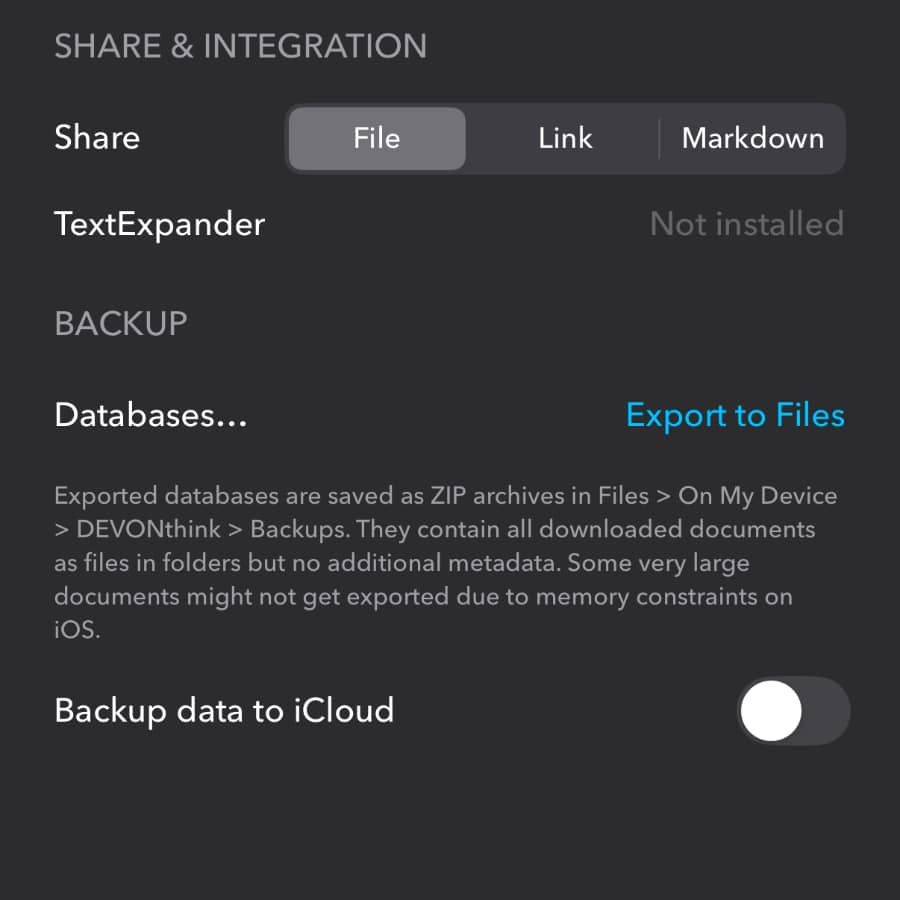 Screenshot showing the DEVONthink To Go settings with the Backup data to iCloud option disabled.