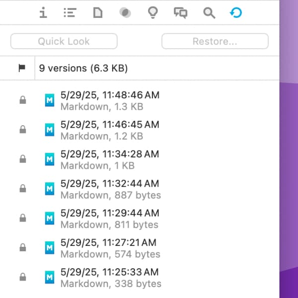 Screenshot of a DEVONthink window, showing the versions inspector. The inspector displays several versions of a Markdown document.