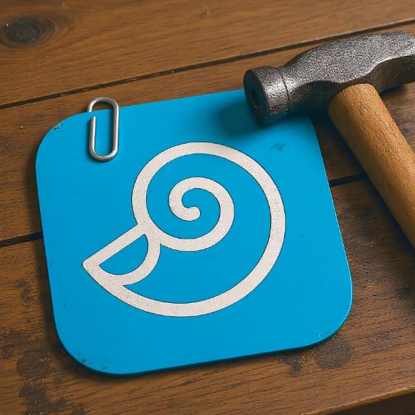 Image showing a DEVONthink logo, placed on a wooden surface next to a hammer with a wooden handle. The surrounding looks like a carpenter's workshop.