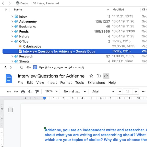 Screenshot showing a Google Docs document being edited within DEVONthink.